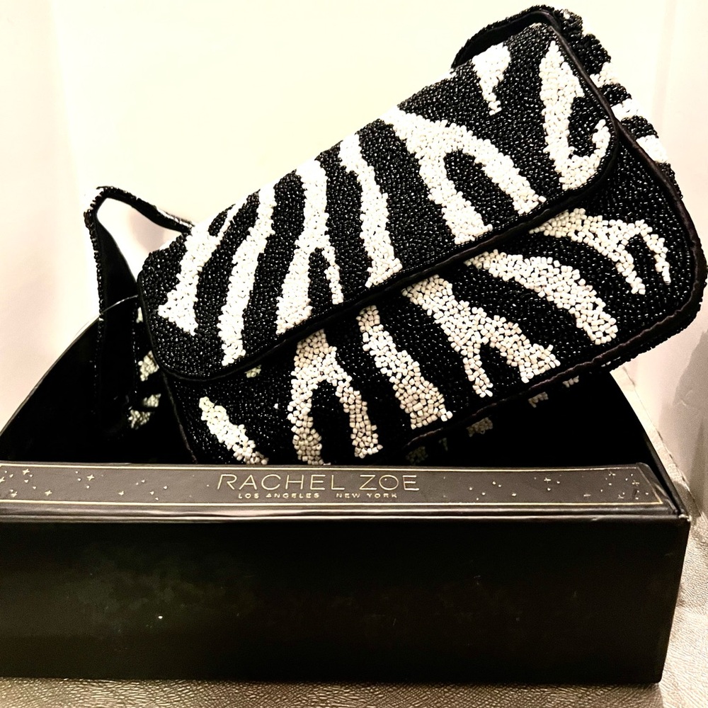 NEW Rachel Zoe Zebra Pattern Beaded Shoulder Bag. In box.